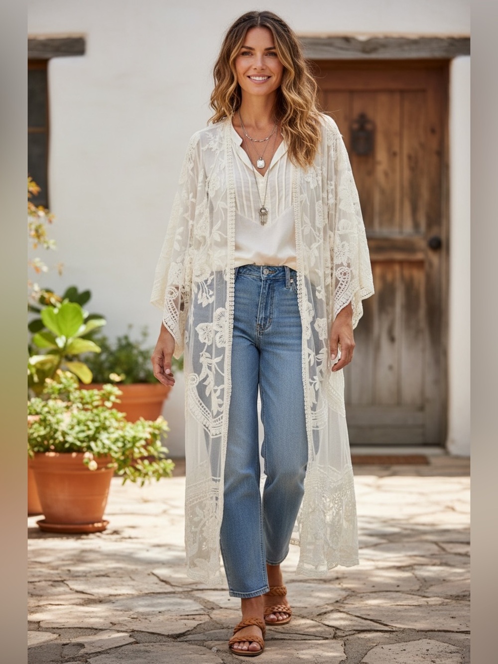 Boho floral crochet lace‎ long duster cardigan in an ivory color.